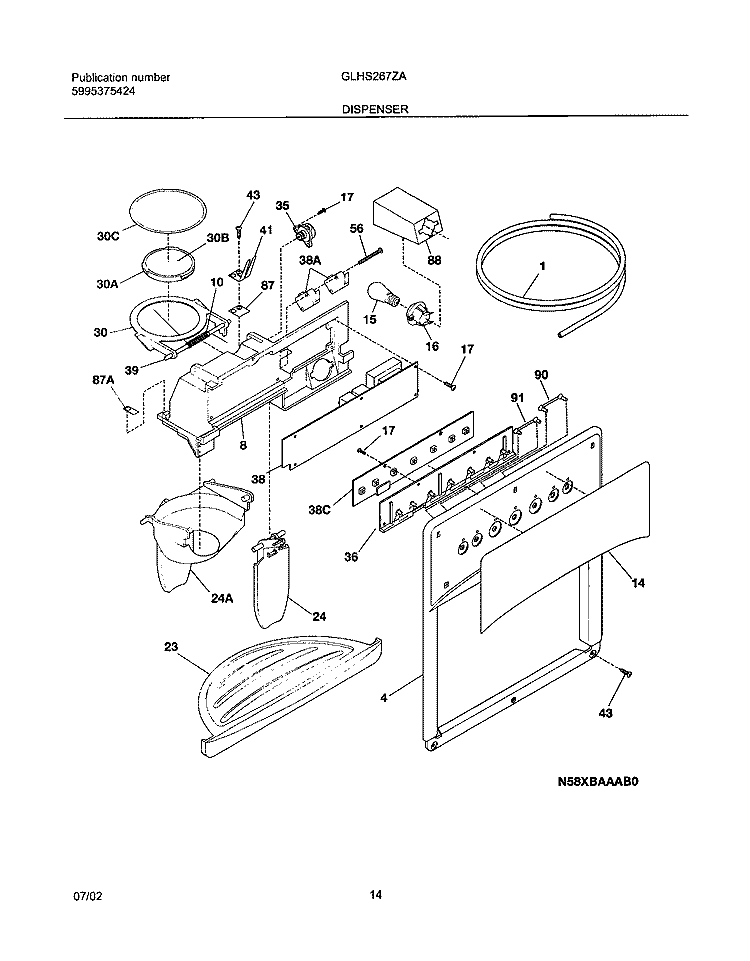 DISPENSER Diagram and Parts List for GLHS267ZAW3  Frigidaire Refrigerator