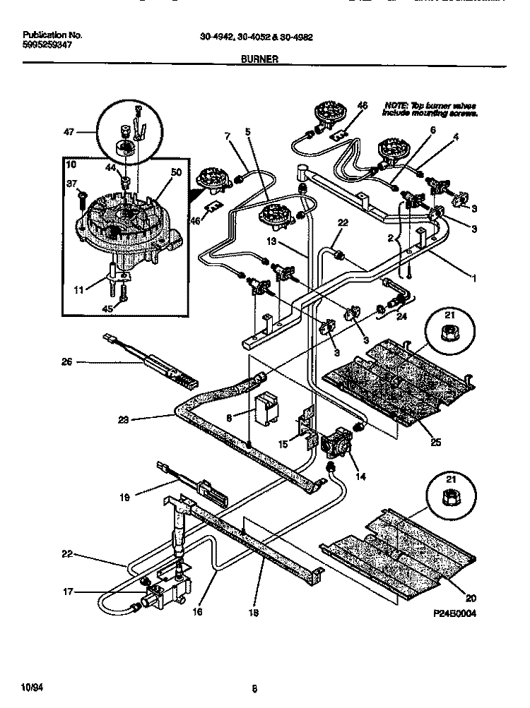 BURNER Diagram and Parts List for 30-4952-00-03  Tappan Range