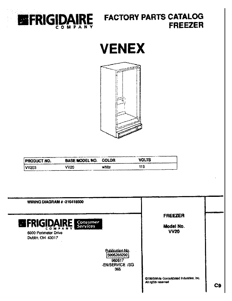 COVER Diagram and Parts List for VV203  Frigidaire Freezer