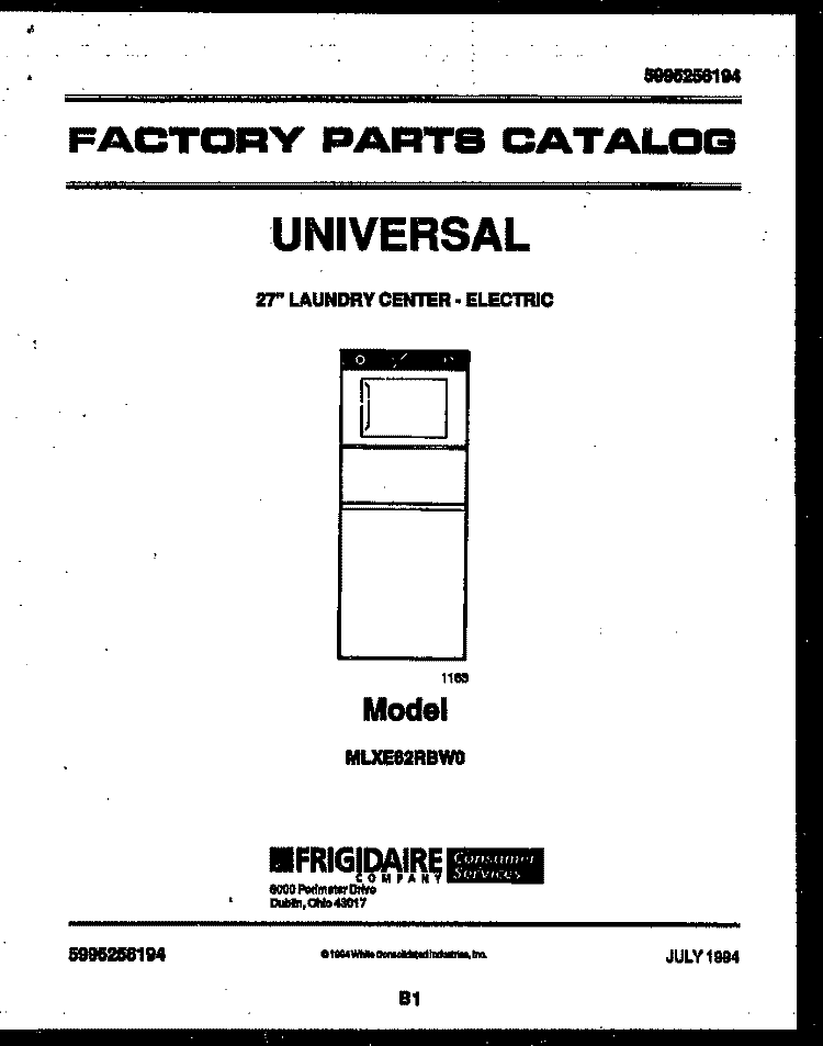 COVER Diagram and Parts List for MLXE62RBWW0  Frigidaire Washer Dryer Combo