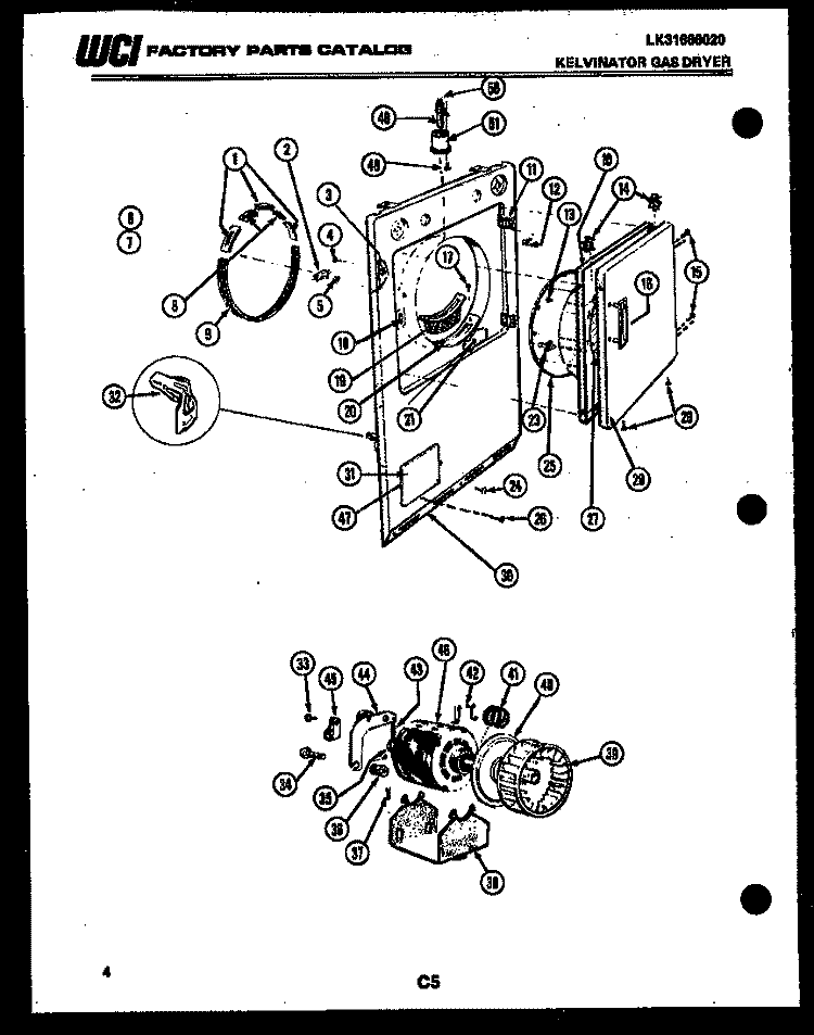 CABINET FRONT, MOTOR AND BLOWER Diagram and Parts List for DGS100CD1  Kelvinator Dryer