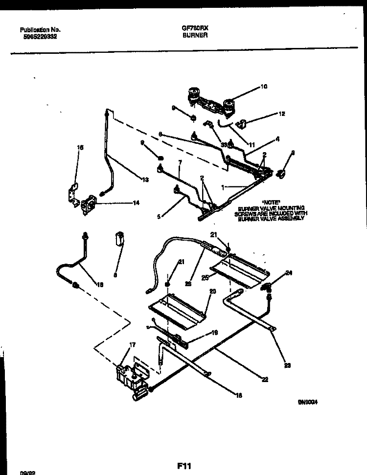 BURNER, MANIFOLD AND GAS CONTROL Diagram and Parts List for GF760RXW1  Frigidaire Range