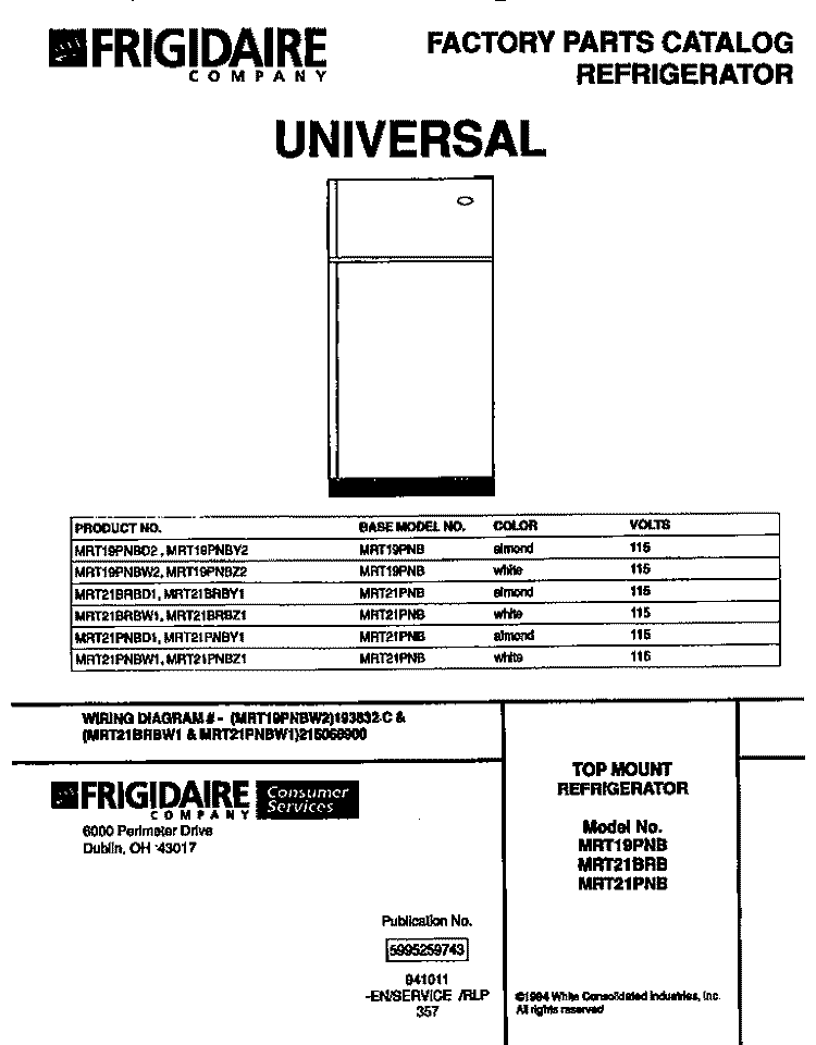 COVER Diagram and Parts List for MRT19PNBD2  Uni Refrigerator