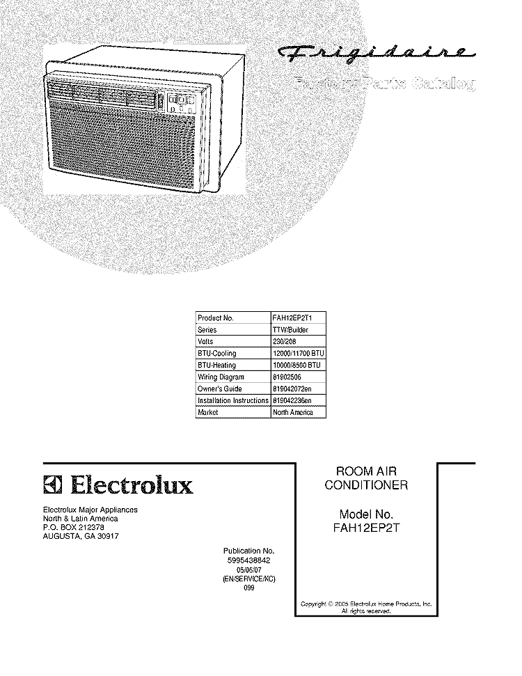 COVER Diagram and Parts List for FAH12EP2T1  Frigidaire Air Conditioner
