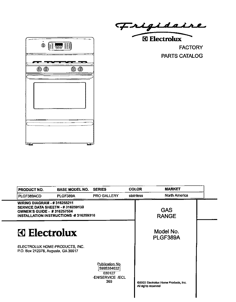 COVER Diagram and Parts List for PLGF389ACD  Frigidaire Range