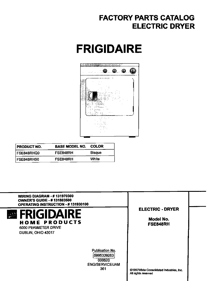 COVER Diagram and Parts List for FSE848RHS0  Frigidaire Dryer