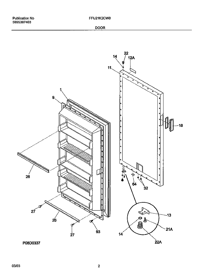 DOOR Diagram and Parts List for FFU21K2CW0  Frigidaire Freezer