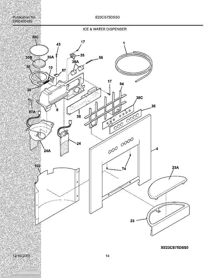 ICE & WATER DISPENSER Diagram and Parts List for E23CS75DSS0  Electrolux Refrigerator