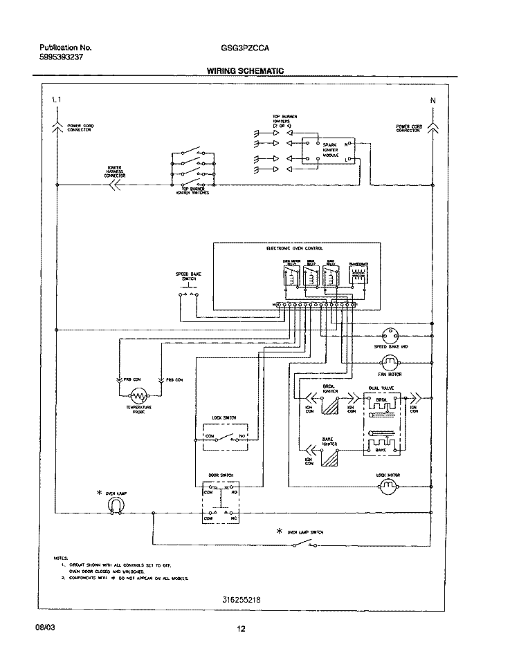 WIRING SCHEMATIC Diagram and Parts List for GSG3PZCCA  Frigidaire Range