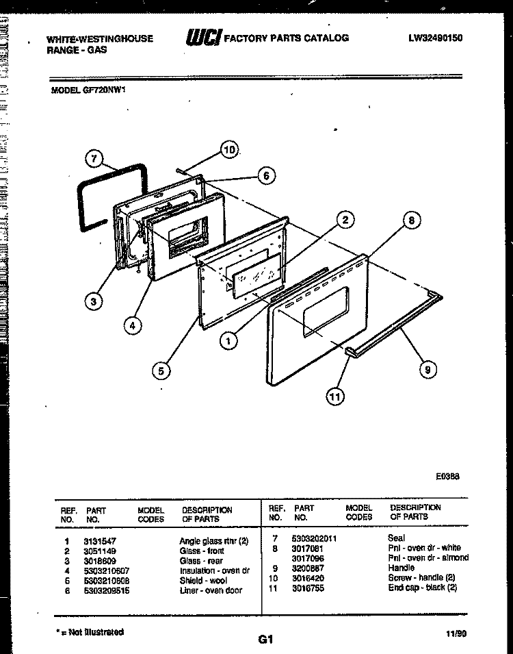 DOOR PARTS Diagram and Parts List for GF720NW1  Frigidaire Range