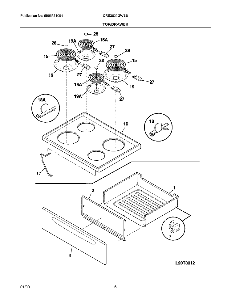 TOP/DRAWER Diagram and Parts List for CRE3500GWBB  Crosley Range