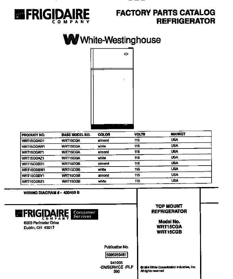 REFRIGERATOR Diagram and Parts List for WRT15CGBW1  Frigidaire Refrigerator