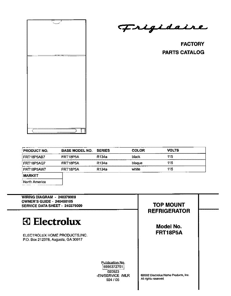 COVER Diagram and Parts List for FRT18P5AB7  Frigidaire Refrigerator