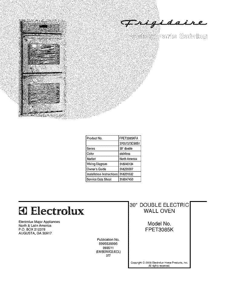 COVER Diagram and Parts List for FPET3085KFA  Frigidaire Wall Oven
