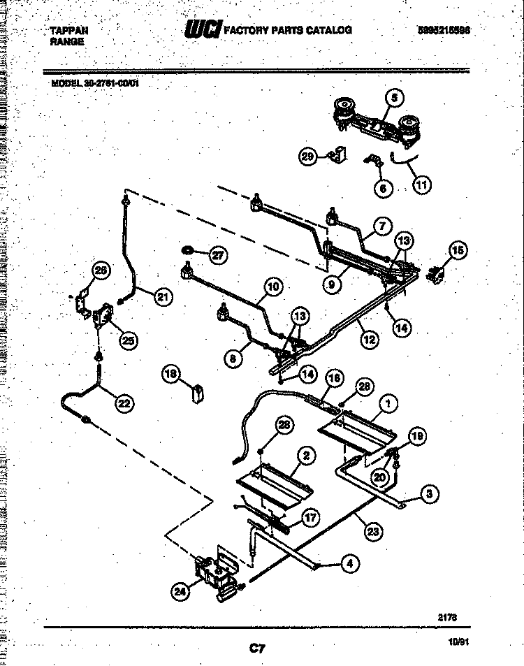 BURNER, MANIFOLD AND GAS CONTROL Diagram and Parts List for 30-2761-00-01  Tappan Range