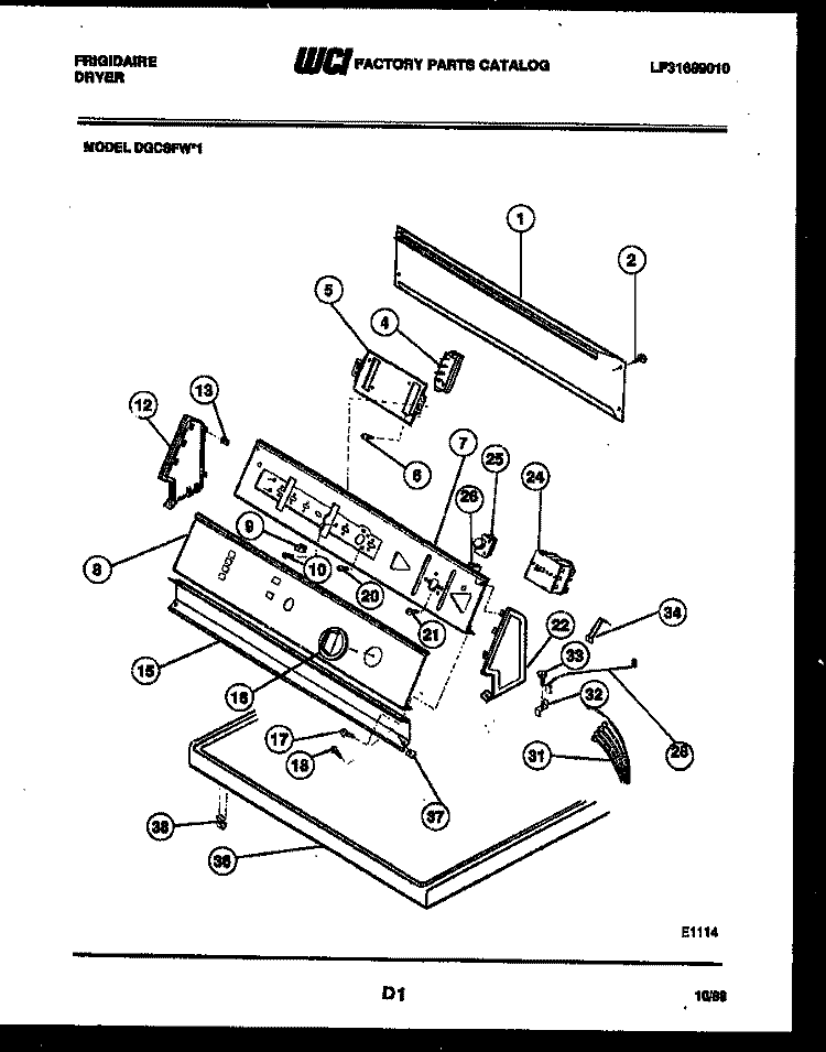 CONSOLE AND CONTROL PARTS Diagram and Parts List for DGCSFW1  Frigidaire Dryer