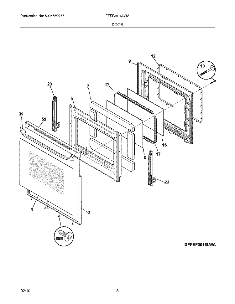 DOOR Diagram and Parts List for FFEF3016LWA  Frigidaire Range