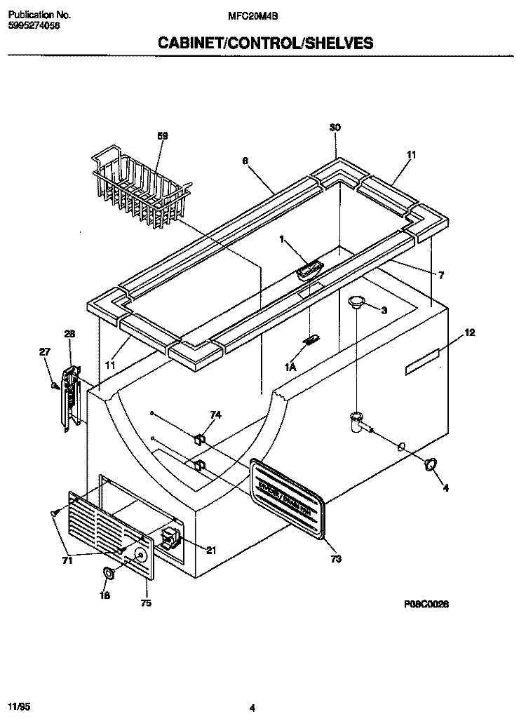 CABINET / CONTROL / SHELVES Diagram and Parts List for MFC20M4BW4  Frigidaire Freezer