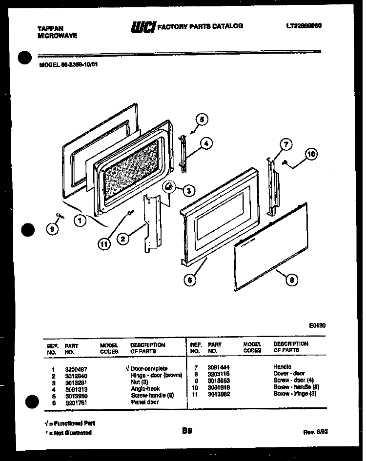 DOOR PARTS Diagram and Parts List for 56-2359-10-01  Tappan Microwave