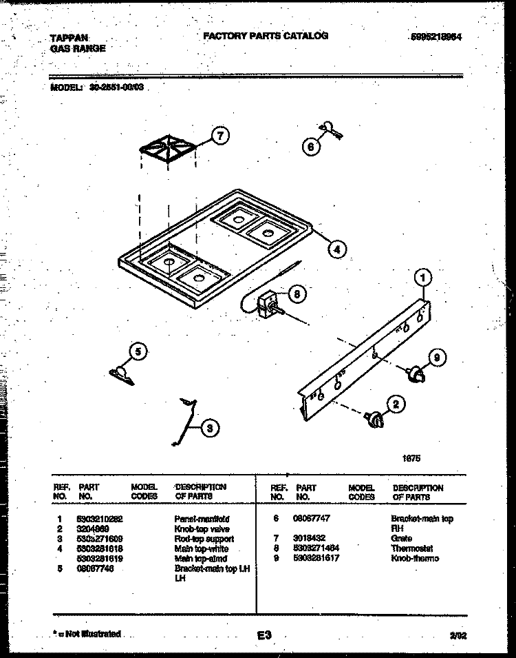 COOKTOP PARTS Diagram and Parts List for 30-2551-23-03  Tappan Range