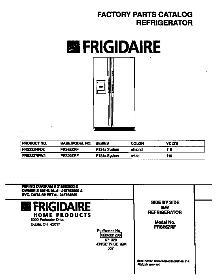 COVER Diagram and Parts List for FRS22ZRFW2  Frigidaire Refrigerator