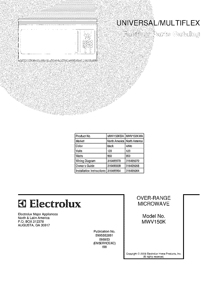 COVER Diagram and Parts List for MWV150KBA  Uni Microwave