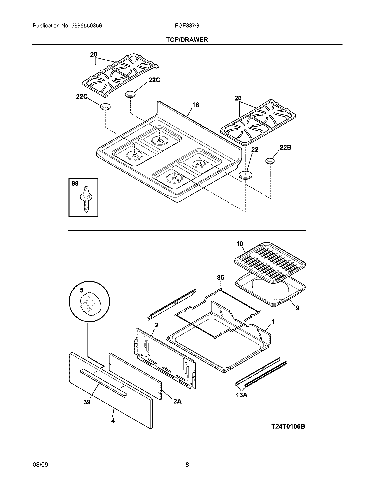 TOP/DRAWER Diagram and Parts List for FGF337GUF  Frigidaire Range