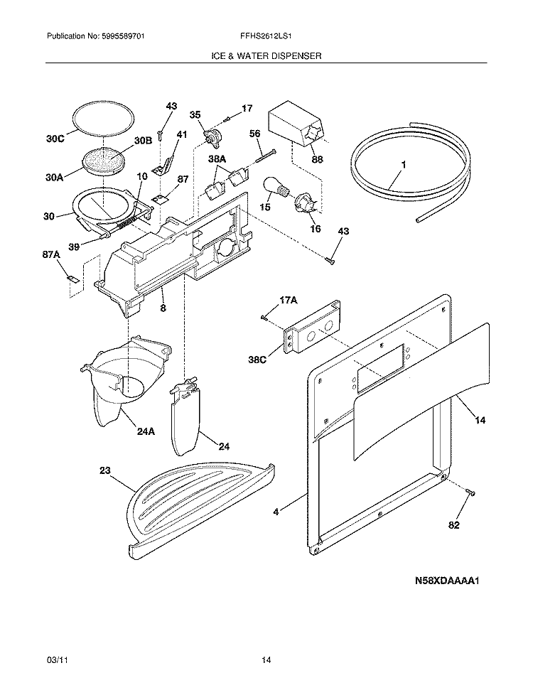 ICE & WATER DISPENSER Diagram and Parts List for FFHS2612LS1  Frigidaire Refrigerator