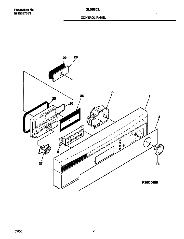 CONTROL PANEL Diagram and Parts List for GLDB653JS0  Frigidaire Dishwasher