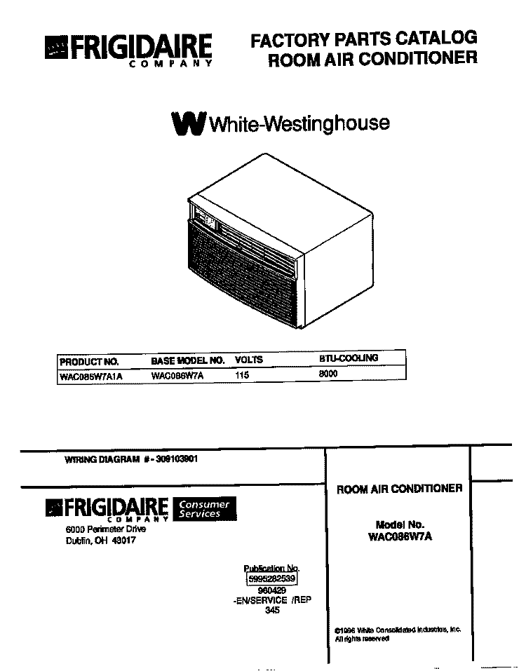 COVER Diagram and Parts List for WAC086W7A1A  Frigidaire Air Conditioner