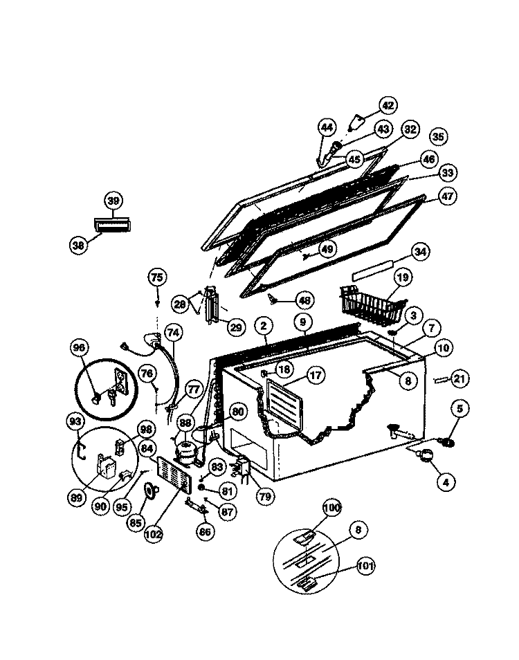 DOOR, CABINET, AND UNIT Diagram and Parts List for MFC13AM0BW1  Frigidaire Freezer