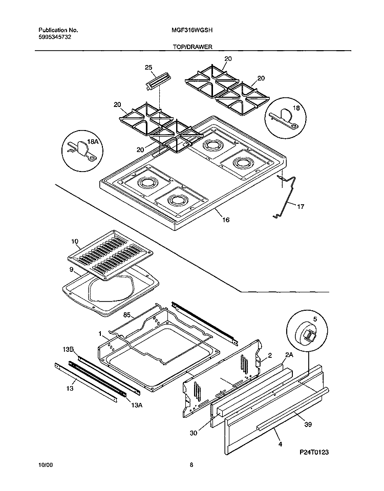 TOP / DRAWER Diagram and Parts List for MGF316WGSH  Uni Range