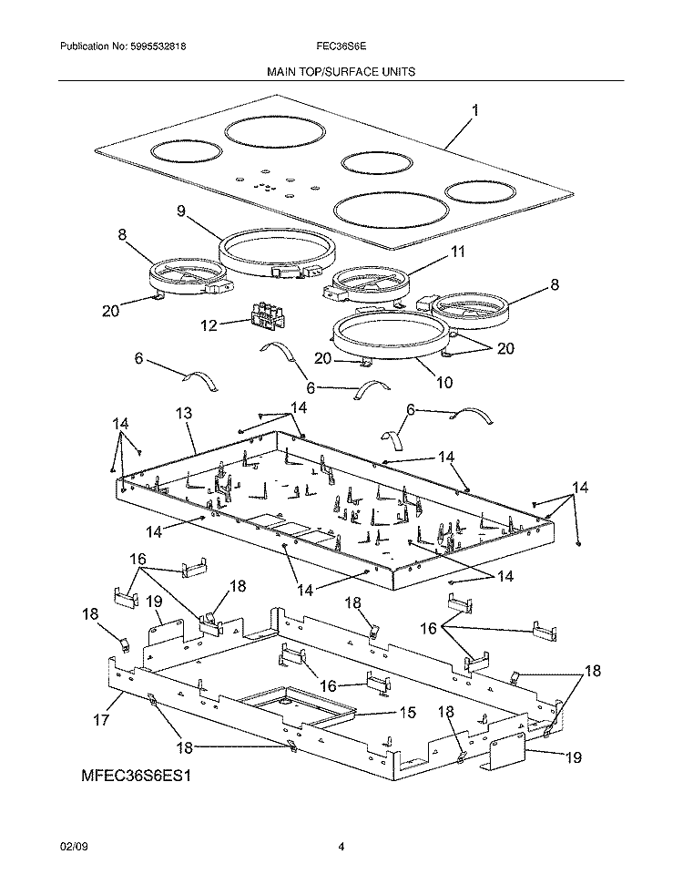 MAINTOP Diagram and Parts List for FEC36S6ES1  Frigidaire Cooktop