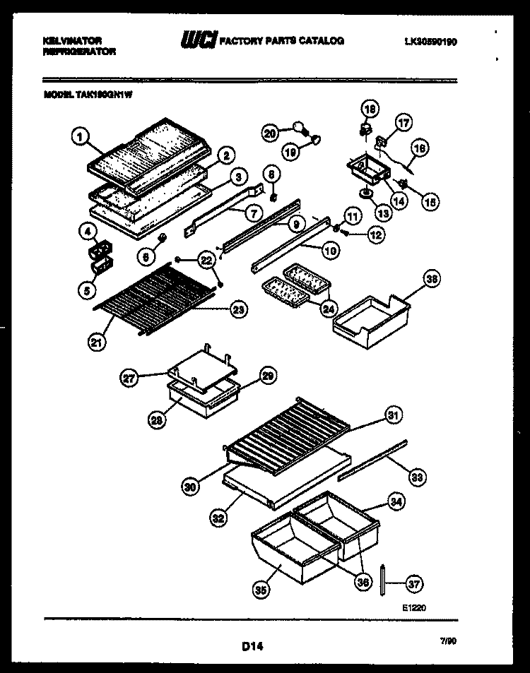 SHELVES AND SUPPORTS Diagram and Parts List for TAK190GN1W  Kelvinator Refrigerator
