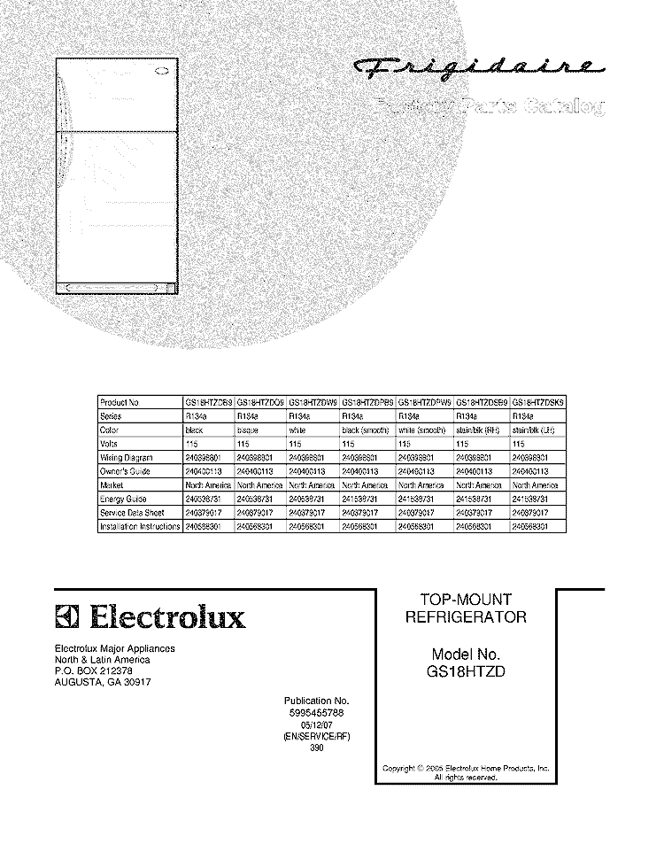 COVER Diagram and Parts List for GS18HTZDPB9  Frigidaire Refrigerator