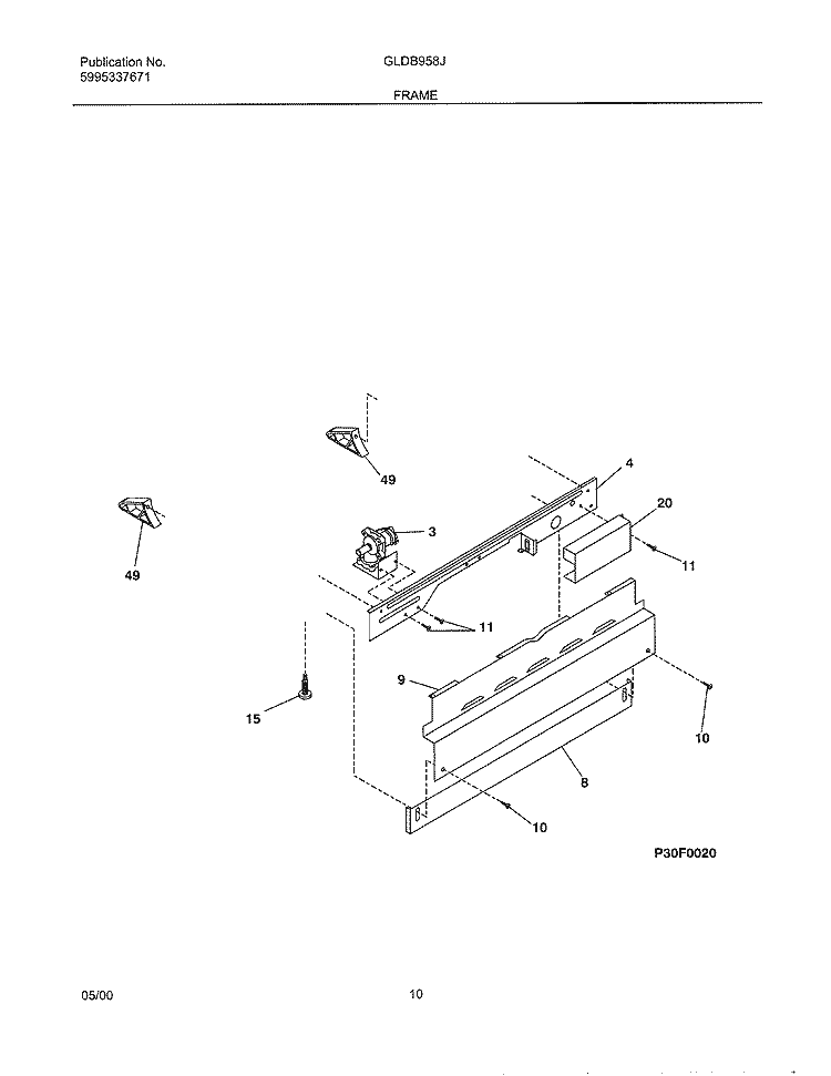 FRAME Diagram and Parts List for GLDB958JS0  Frigidaire Dishwasher