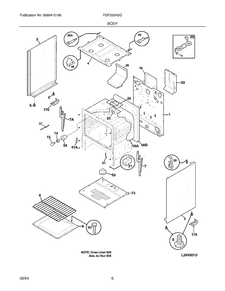 BODY Diagram and Parts List for FGF326ASG  Frigidaire Range