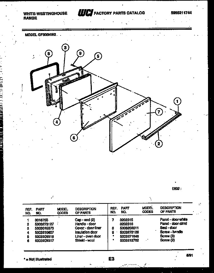 DOOR PARTS Diagram and Parts List for GF300ND2  Frigidaire Range