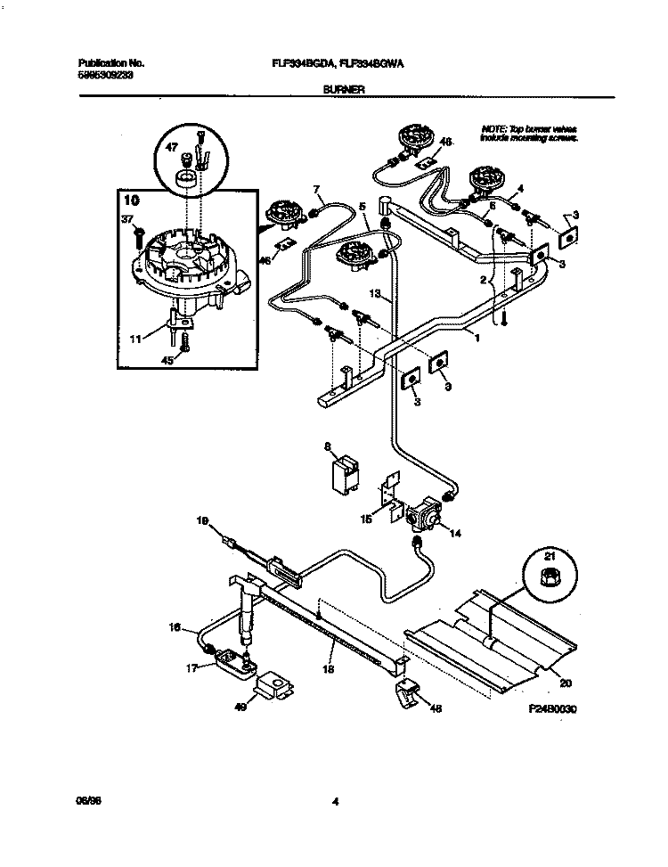 BURNER Diagram and Parts List for FLF334BGDA  Frigidaire Range