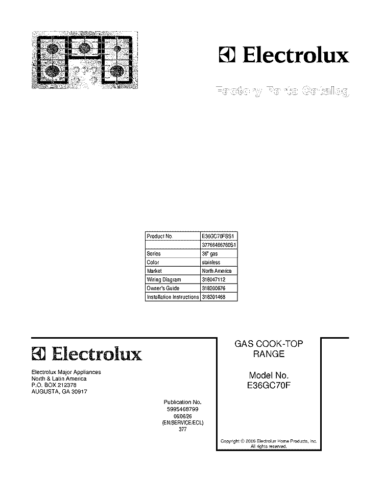 COVER Diagram and Parts List for E36GC70FSS1  Electrolux Cooktop
