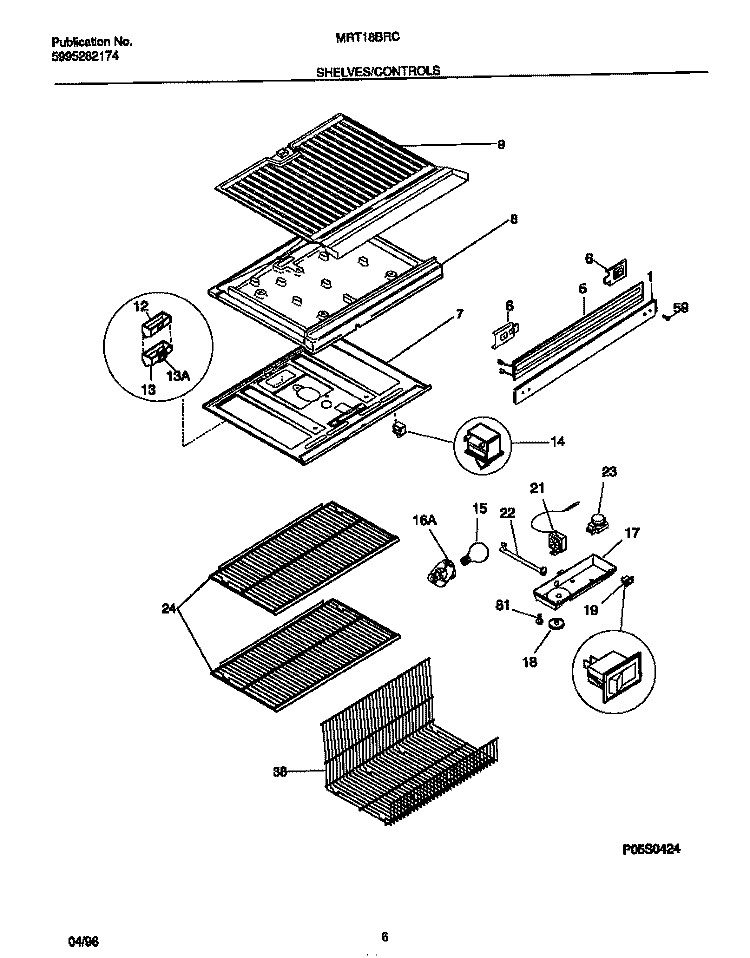 SHELVES / CONTROLS Diagram and Parts List for MRT18BRCW1  Frigidaire Refrigerator