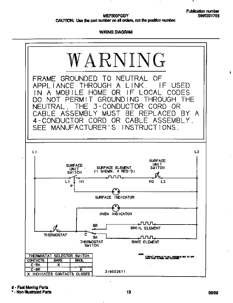 WIRING DIAGRAM Diagram and Parts List for MEF303PGDY  Frigidaire Range