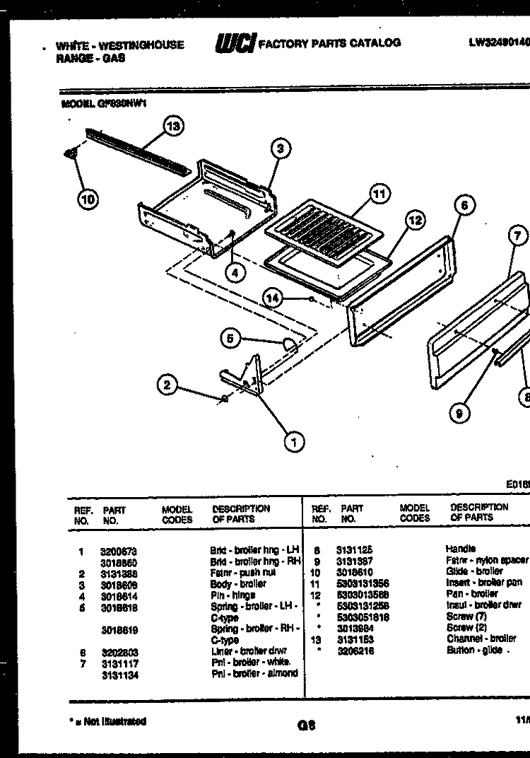 BROILER DRAWER PARTS Diagram and Parts List for GF830ND1  Frigidaire Range