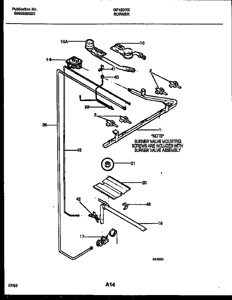 BURNER, MANIFOLD AND GAS CONTROL Diagram and Parts List for GF420RXD1  Frigidaire Range