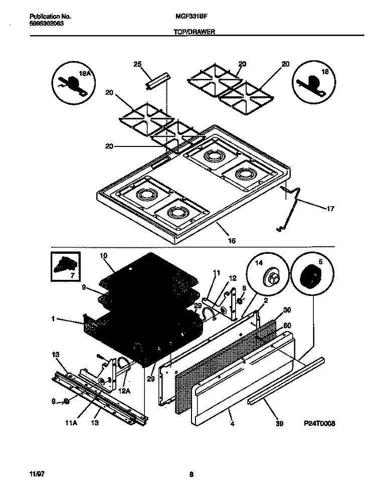 TOP / DRAWER Diagram and Parts List for MGF331BFDB  Frigidaire Range