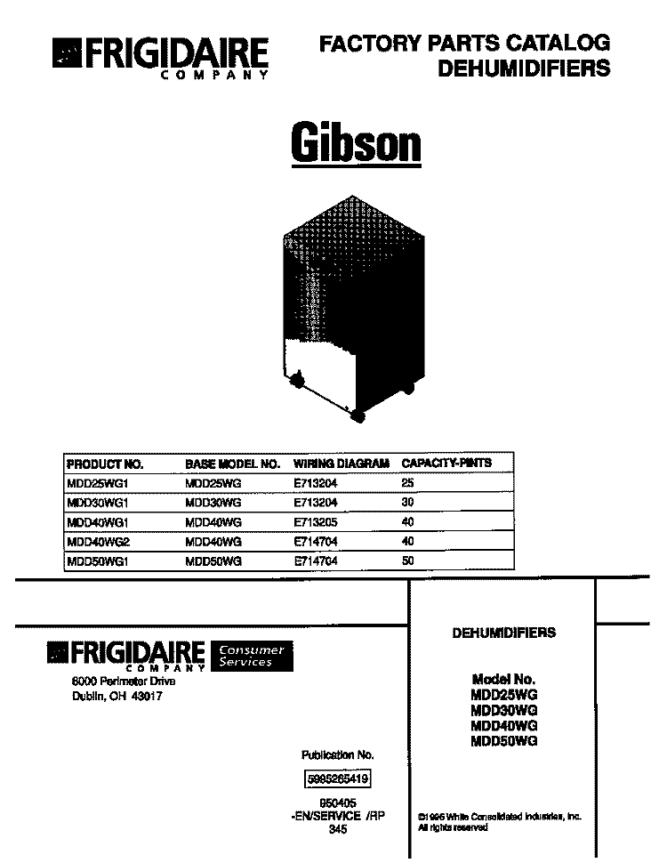 COVER Diagram and Parts List for MDD50WG1  Gibson Dehumidifier