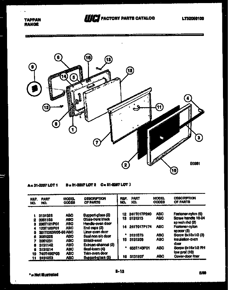 DOOR PARTS Diagram and Parts List for 31-2207-23-01  Tappan Range