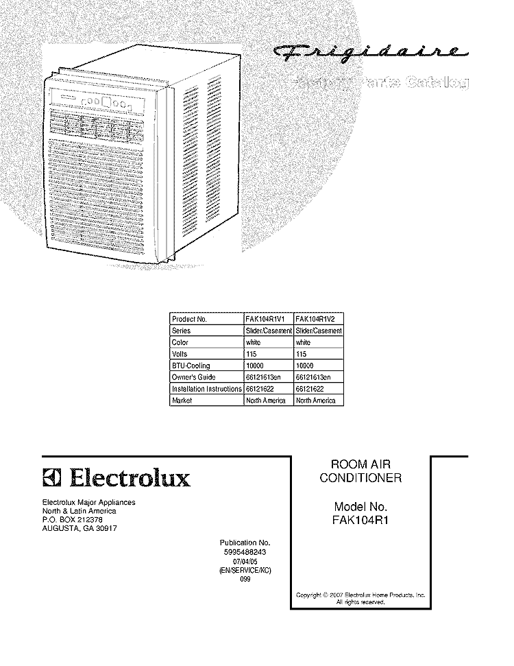 COVER Diagram and Parts List for FAK104R1V1  Frigidaire Air Conditioner