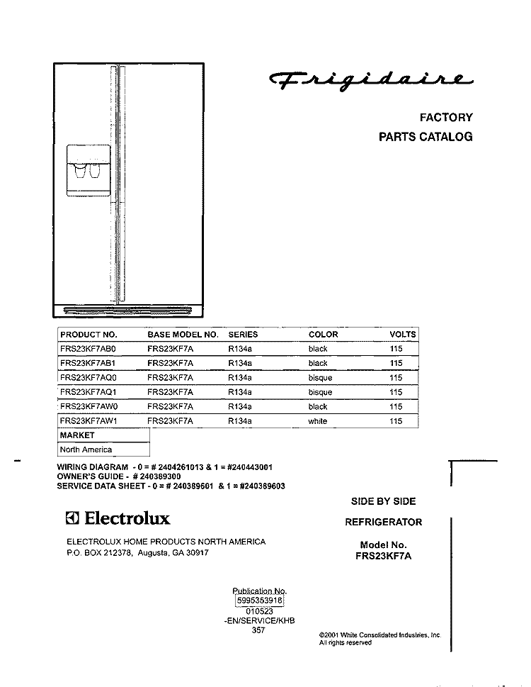 COVER Diagram and Parts List for FRS23KF7AB0  Frigidaire Refrigerator