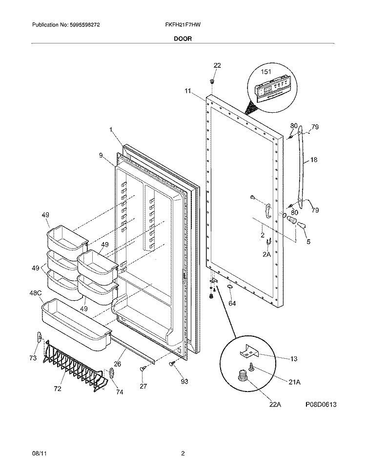 DOOR Diagram and Parts List for FKFH21F7HWD  Frigidaire Freezer